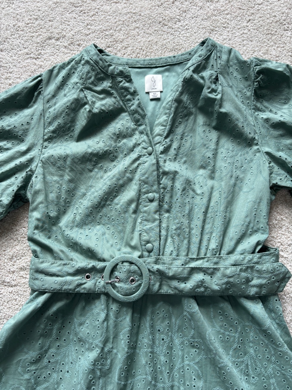 Joie Sage Green Eyelet Midi Dress with Belt Cottagecore - Picture 2 of 5